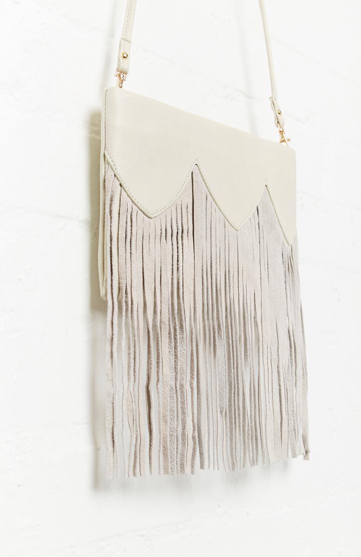 Dailylook Jane Doze Vegan Leather Fringe Shoulder Bag In Bone At Dailylook