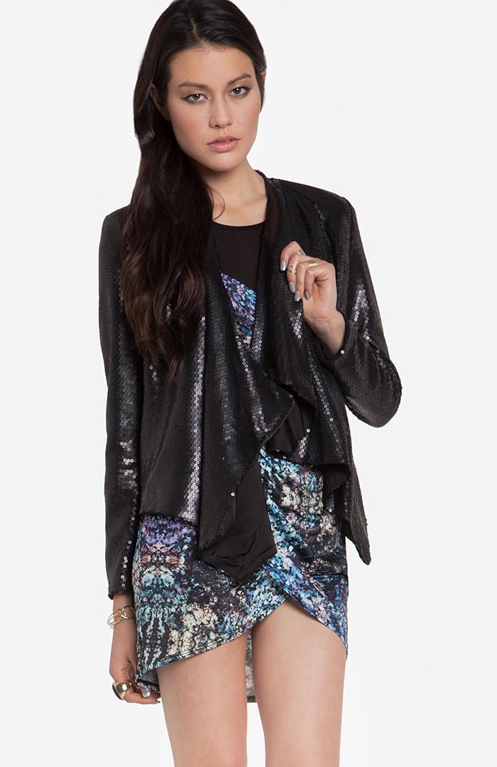 Dailylook Line Dot Matte Sequin Draped Jacket In Black Xs - L At Dailylook