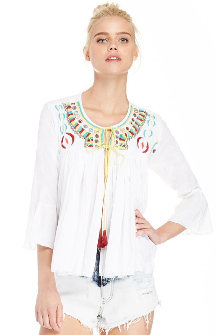 Dailylook Raga Long Sleeve Embroidered Peasant Top In White Xs - M At Dailylook