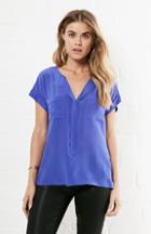Dailylook Lavender Brown Silk Front Placket Short Sleeve Blouse In Royal Blue L At Dailylook