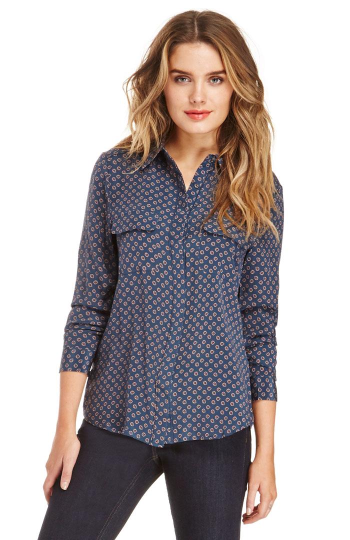 Dailylook Lamade Ascot Print Silk Blouse In Navy S At Dailylook