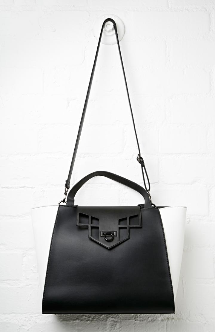 Dailylook Valerie Vegan Leather Colorblock Winged Tote In Black / White At Dailylook
