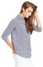 Dailylook Striped Button Up Blouse In Navy M At Dailylook