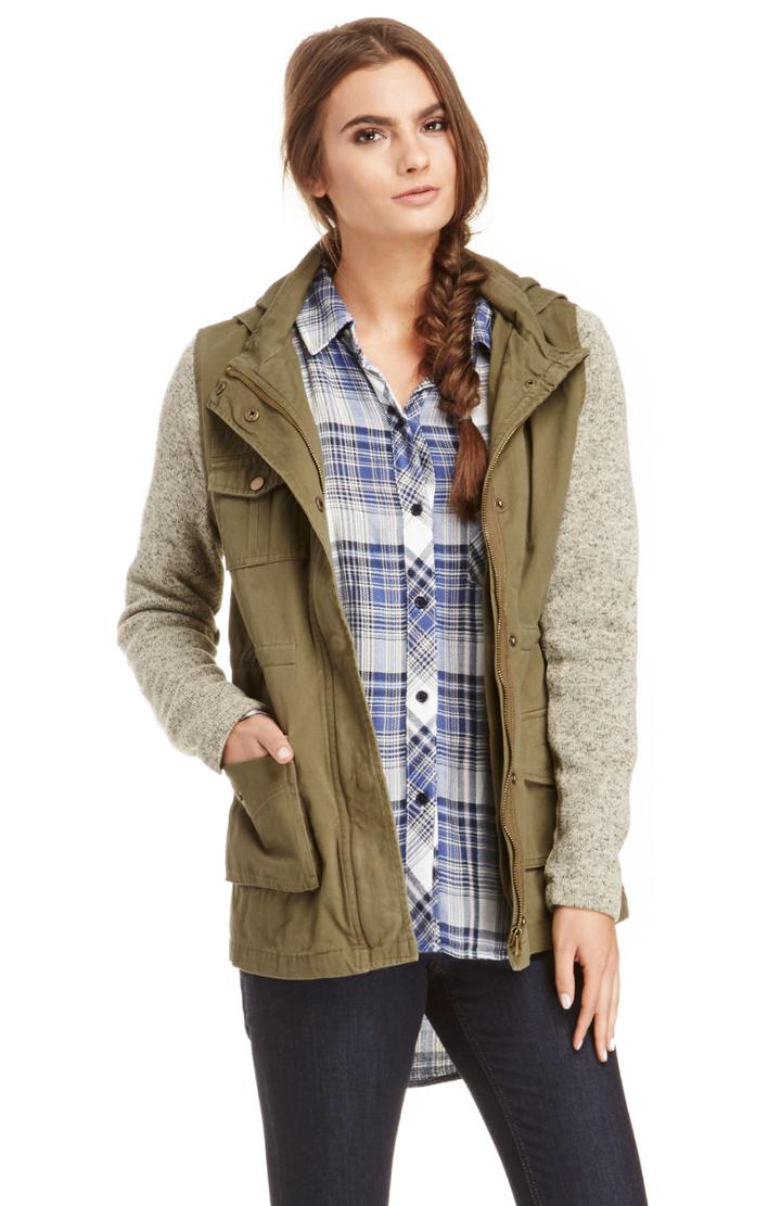 Dailylook Olive Oak Sweater Sleeve Cotton Military Jacket In Olive Xs - L At Dailylook
