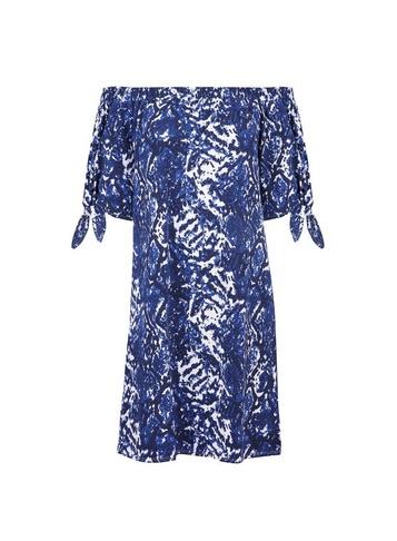 Dorothy Perkins Blue Snake Print Tie Sleeve Bardot Dress