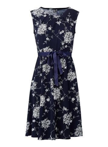 *izabel London Navy Floral Print Ribbon Belt Dress
