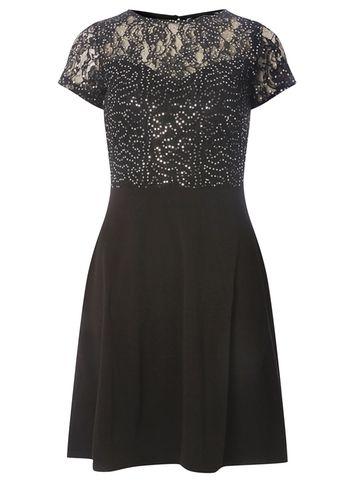 Dorothy Perkins Petite Black Sequin Lace Fit And Flare Dress