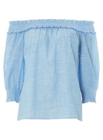 Dorothy Perkins Chambray Slub Shirred Bardot Top