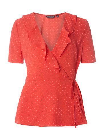 Dorothy Perkins *tall Red Spot Ruffle Wrap Top