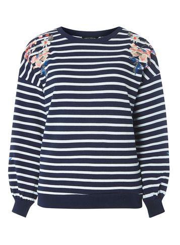 Dorothy Perkins Navy And Ivory Striped Embroidered Sweat Top