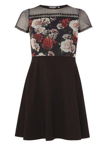 Dorothy Perkins Petite Black Floral Mesh Skater Dress