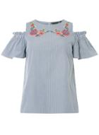 Dorothy Perkins Navy Blue And White Embroidered Cold-shoulder Top