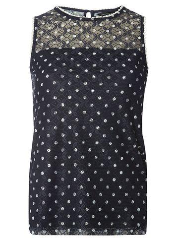 Dorothy Perkins Navy Metallic Polka Dot Lace Top