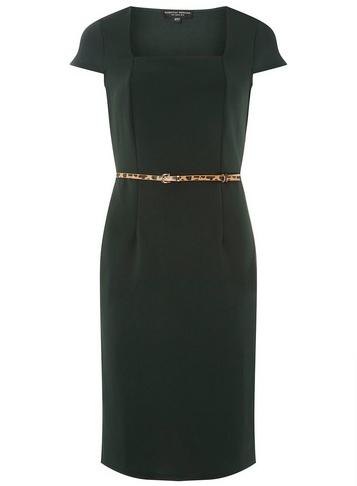 Dorothy Perkins Green Square Neck Belted Pencil Dress