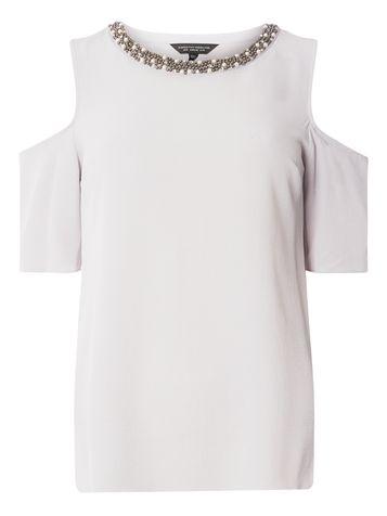 Dorothy Perkins Grey Embellished Neck Cold Shoulder Top