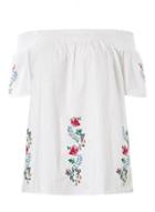 Dorothy Perkins Dp Curve White Shirred Embroidered Bardot Top