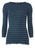 Dorothy Perkins Navy And Green 3/4 Sleeve Lettuce Edge Striped T-shirt