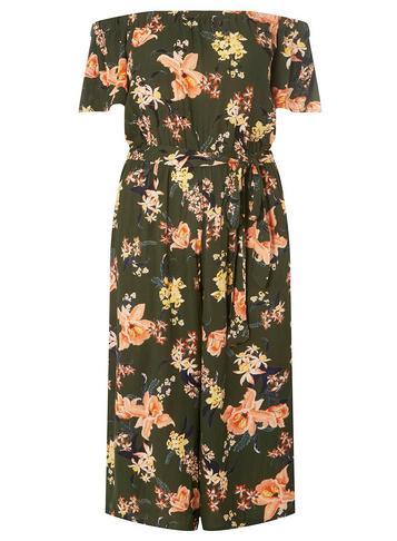 Dorothy Perkins Dp Curve Khaki Floral Print Bardot Jumpsuit