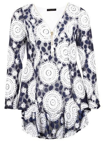Dorothy Perkins *izabel London Navy Mosaic Print Sheer Sleeve Top