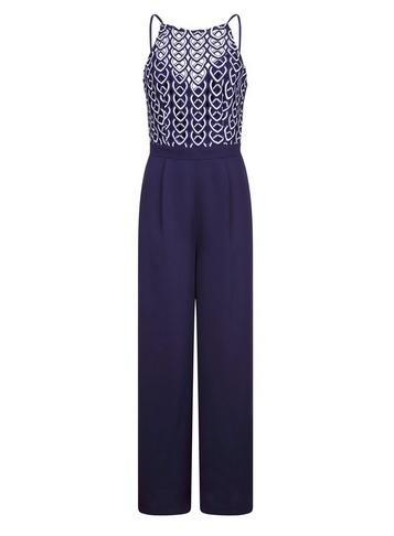 *little Mistress Navy Geometric Print Crochet Jumpsuit