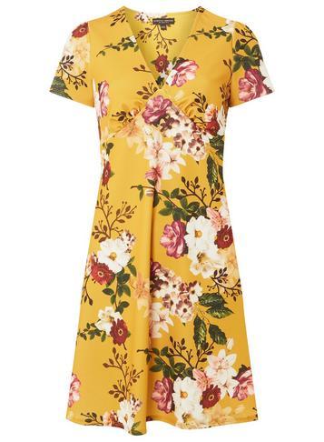 Dorothy Perkins Yellow Floral Print V-neck Skater Dress