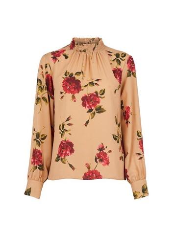 Dorothy Perkins Camel Floral Print Shirred Neck Top