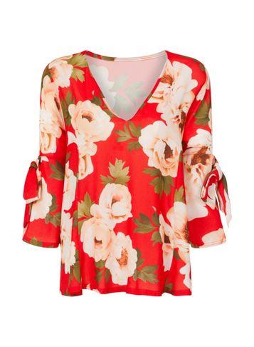 Dorothy Perkins *red Floral Print Tie Sleeve Blouse