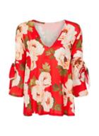 Dorothy Perkins *red Floral Print Tie Sleeve Blouse