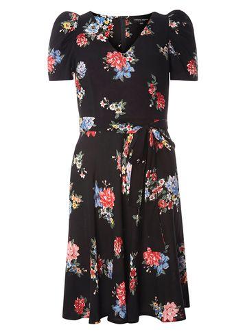 Dorothy Perkins Black Floral Mutton Sleeve Fit And Flare Dress