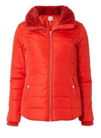 Dorothy Perkins Petite Red Faux Fur Collar Puffer Jacket