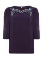 Dorothy Perkins Purple Embroidered Puff Sleeve Top