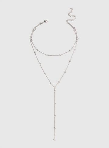 Dorothy Perkins Silver Beaded Choker Lariat Necklace