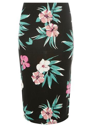 Dorothy Perkins Black And Pink Tropical Floral Pencil Skirt