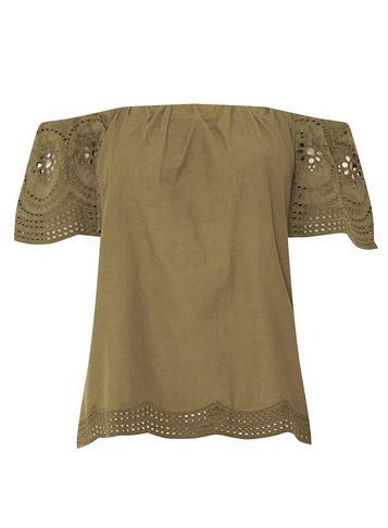 Dorothy Perkins Khaki Broderie Sleeve Bardot Top