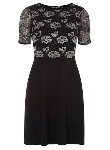 Dorothy Perkins Black Lace Ruched Sleeve Fit And Flare Dress