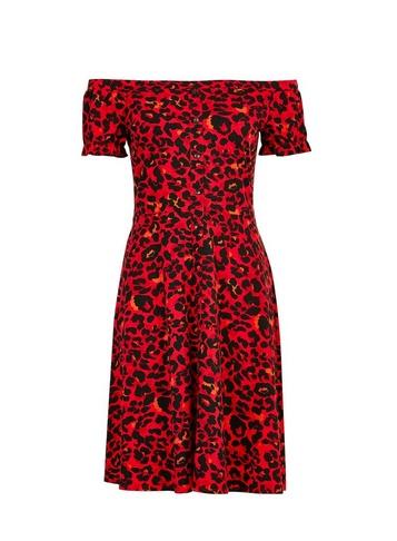 Dorothy Perkins Red Cheetah Print Bardot Fit And Flare Dress