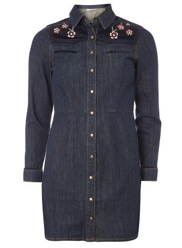 Dorothy Perkins Petite Indigo Denim Embroidered Shirt Dress