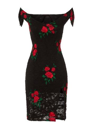 Dorothy Perkins *girls On Film Black And Red Lace Bardot Bodycon Dress