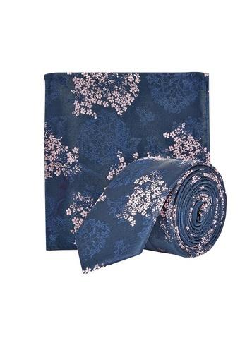 *burton Navy, Pink China Floral Design Tie And Matching Pocket Square Set
