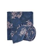*burton Navy, Pink China Floral Design Tie And Matching Pocket Square Set