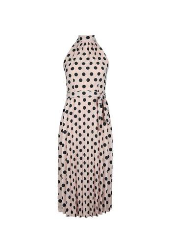 Dorothy Perkins Petite Pink Spot Print Halter Neck Pleated Midi Dress