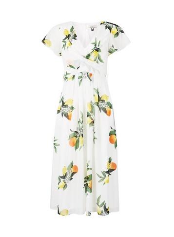 *billie & Blossom Tall White Lemon Print Wrap Midi Dress
