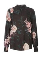 Dorothy Perkins *tall Black Floral Print Tie Back Shirred Blouse