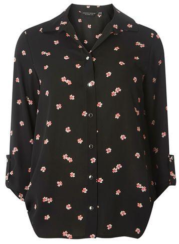 Dorothy Perkins Black Ditsy Floral Tab Roll Sleeve Shirt