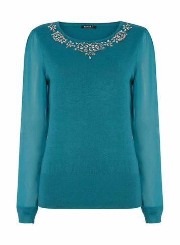Dorothy Perkins *roman Originals Teal Chiffon Sleeve Jumper