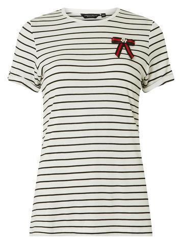 Dorothy Perkins Ivory Striped Faux-pearl Bow T-shirt