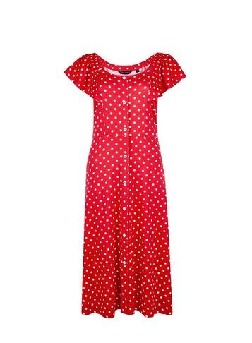 Dorothy Perkins Red Spot Print Bardot Midi Dress