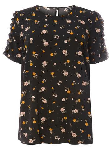 Dorothy Perkins *dp Curve Black Ditsy Floral Print Ruffle Shoulder Top