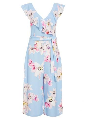 *quiz Pale Blue Floral Print Culotte Jumpsuit