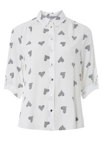 Dorothy Perkins Petite Ivory Heart Print Roll Sleeve Shirt